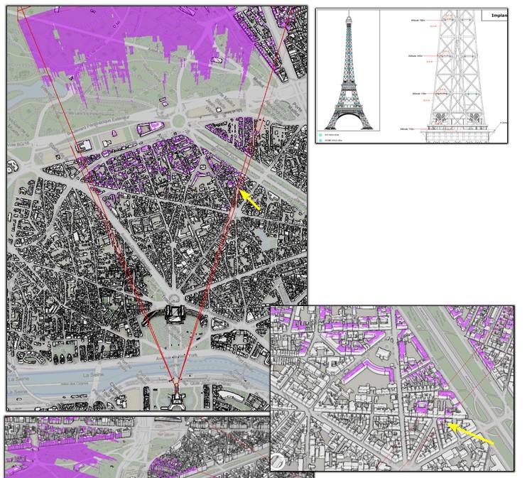 Analyse de visibilité SIG pour les Jeux Olympiques Paris 2024 — zones d'impact des lasers de la Tour Eiffel